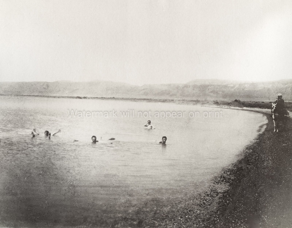 Men Swimming Bathing Lake Arid Landscape Horseback Rider Vtg. Photo 19thC.