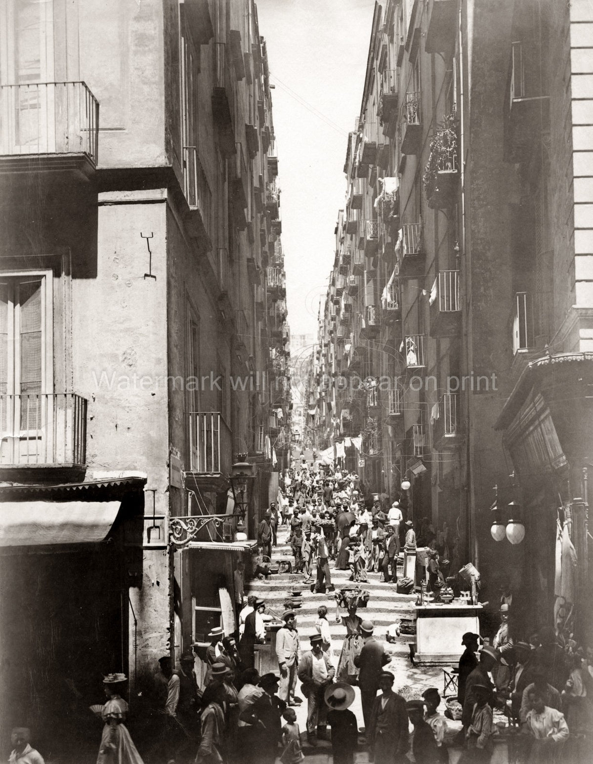Naples Gradoni di Chaia Street Scene Market Crowd Steps Vtg. Photo 19thC.