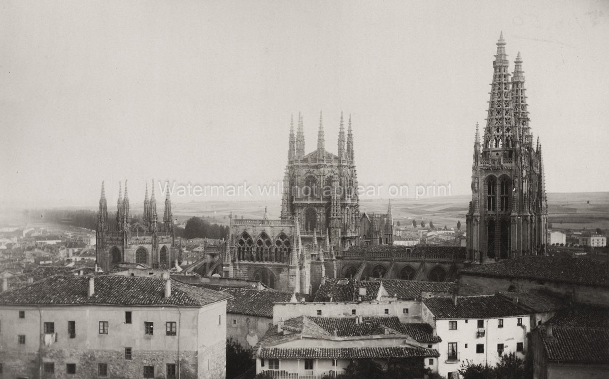 Burgos Spain Cathedral Cityscape Gothic Architecture Rooftops Vtg. Photo 19thC.