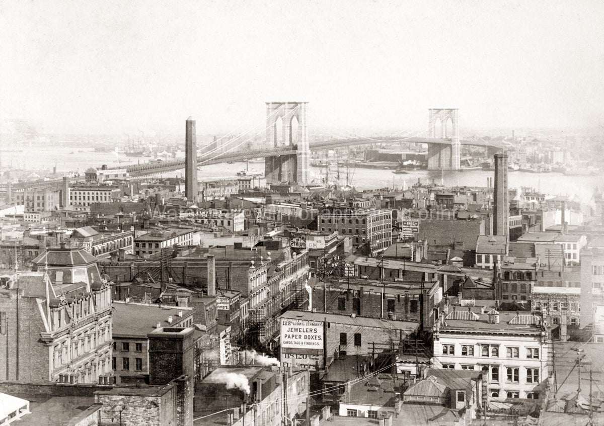 New York Skyline Brooklyn Bridge Cityscape Industrial Rooftops Vtg. Photo 19thC.