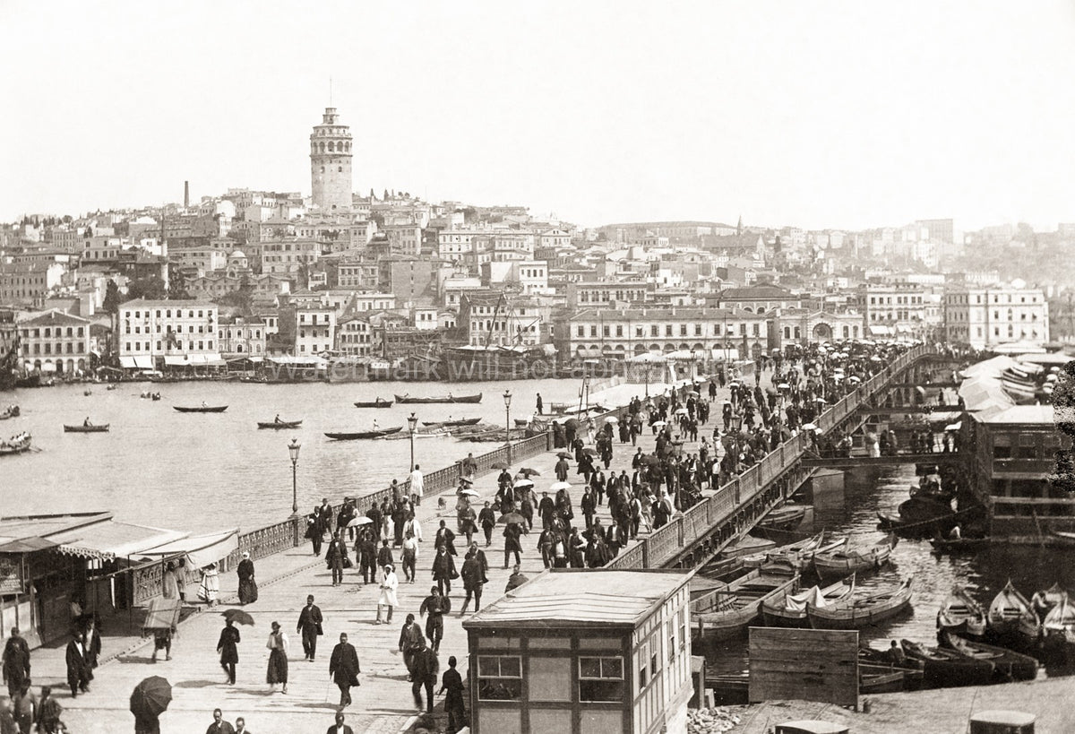 Istanbul Constantinople Galata Bridge Tower Cityscape Crowd Vtg. Photo 19thC.