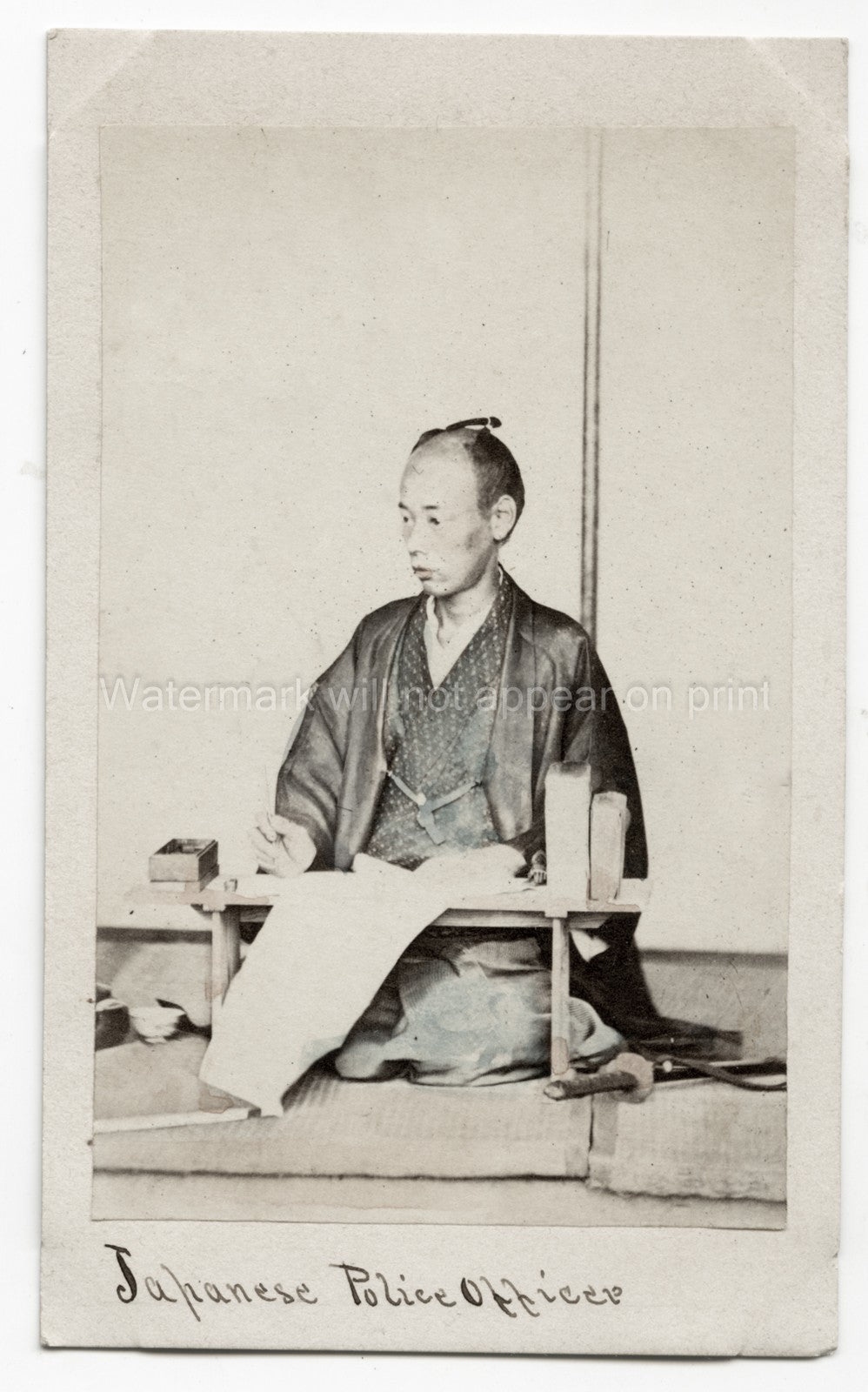 Japanese Police Officer Samurai Kimono Chonmage Hairstyle Vtg. Photo 19thC.