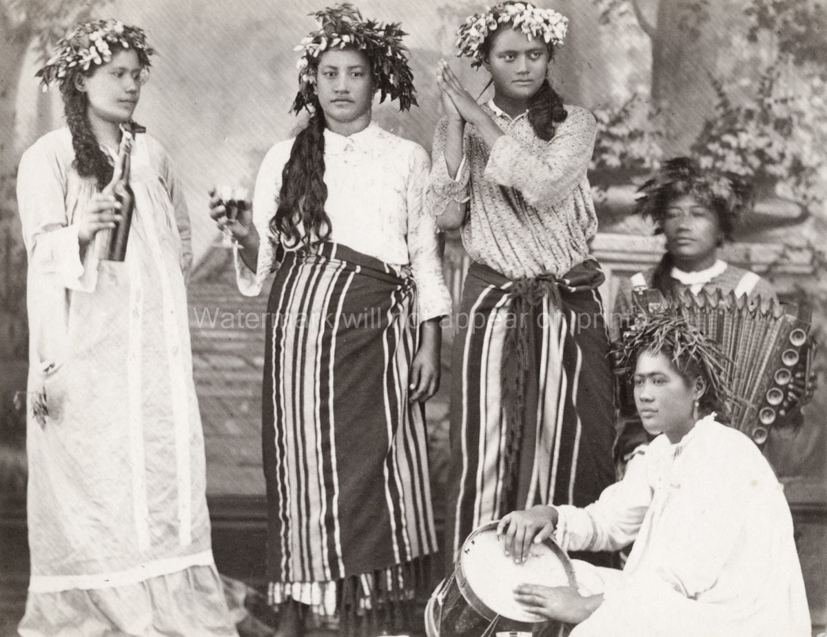 Pacific Islands Women Musicians Traditional Dress Accordion Vtg. Photo 19thC.