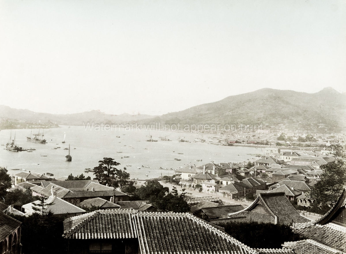 Nagasaki Japan Harbour View Cityscape Ships Mountains Port Vtg. Photo 19thC.