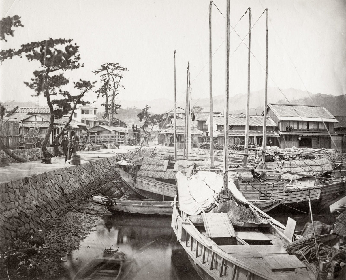 Japanese Harbour Dock View Traditional Boats Buildings Vtg. Photo 19thC.