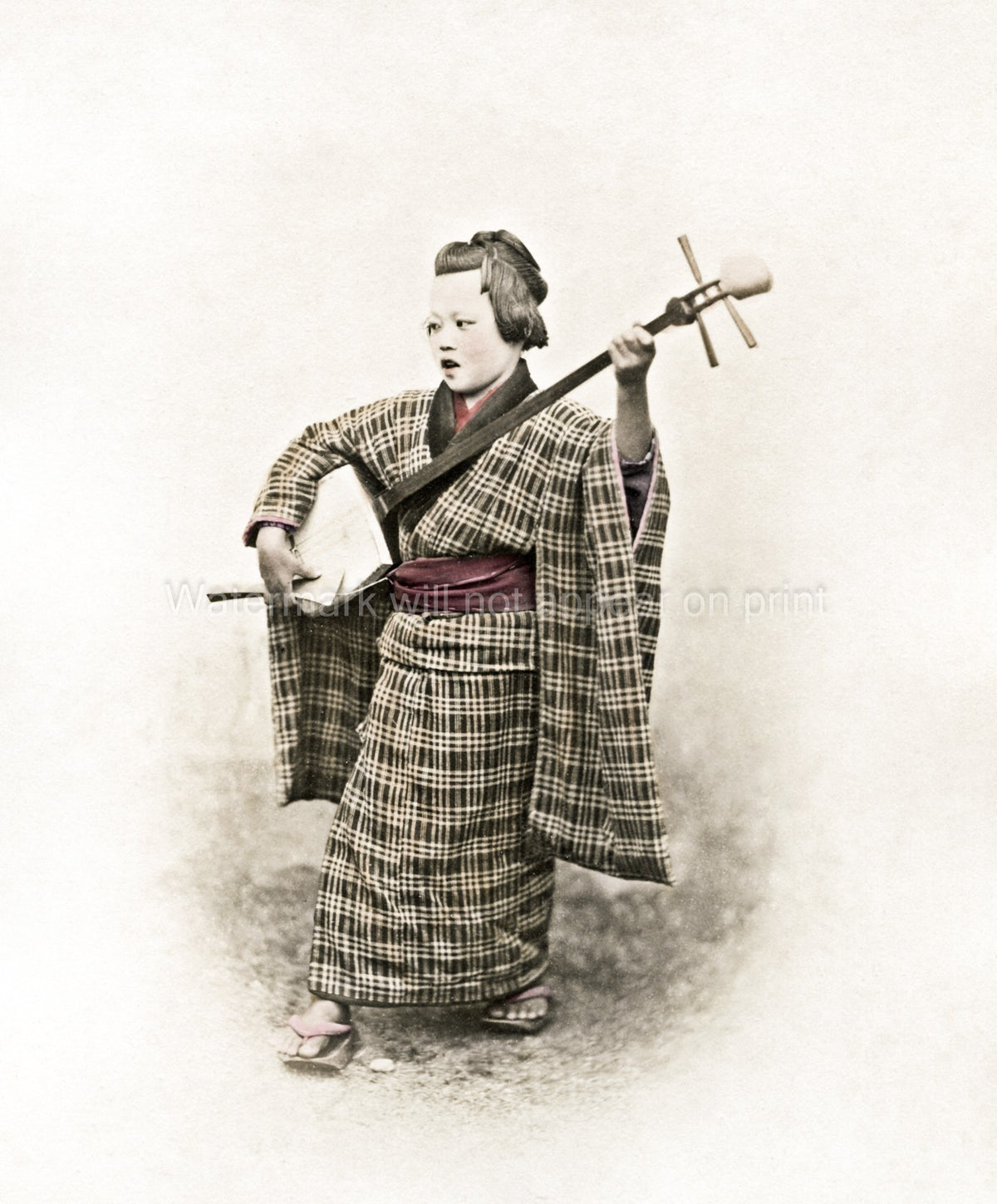 Japan Musician Playing Samisen Kimono Geta Sandals Performer Vtg. Photo 19thC.
