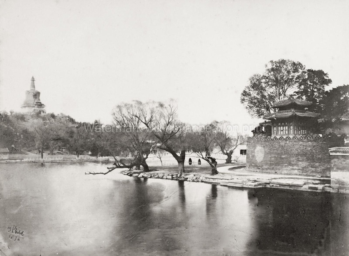 Peking Imperial City Beijing China Pagoda Lake Pavilion Trees Vtg. Photo 19thC.