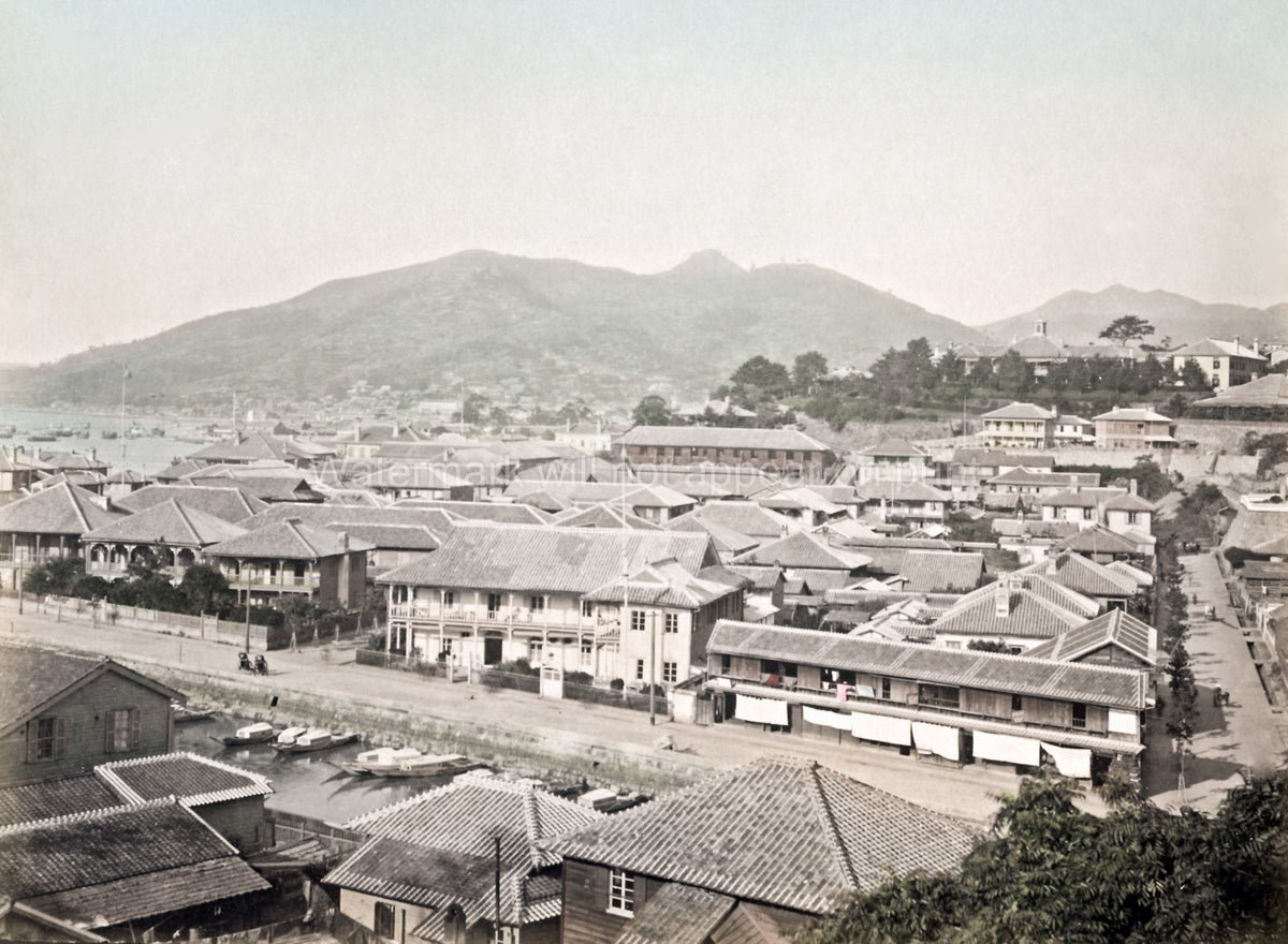Nagasaki Japan Cityscape Harbor View Mountains Buildings Vtg. Photo 19thC.