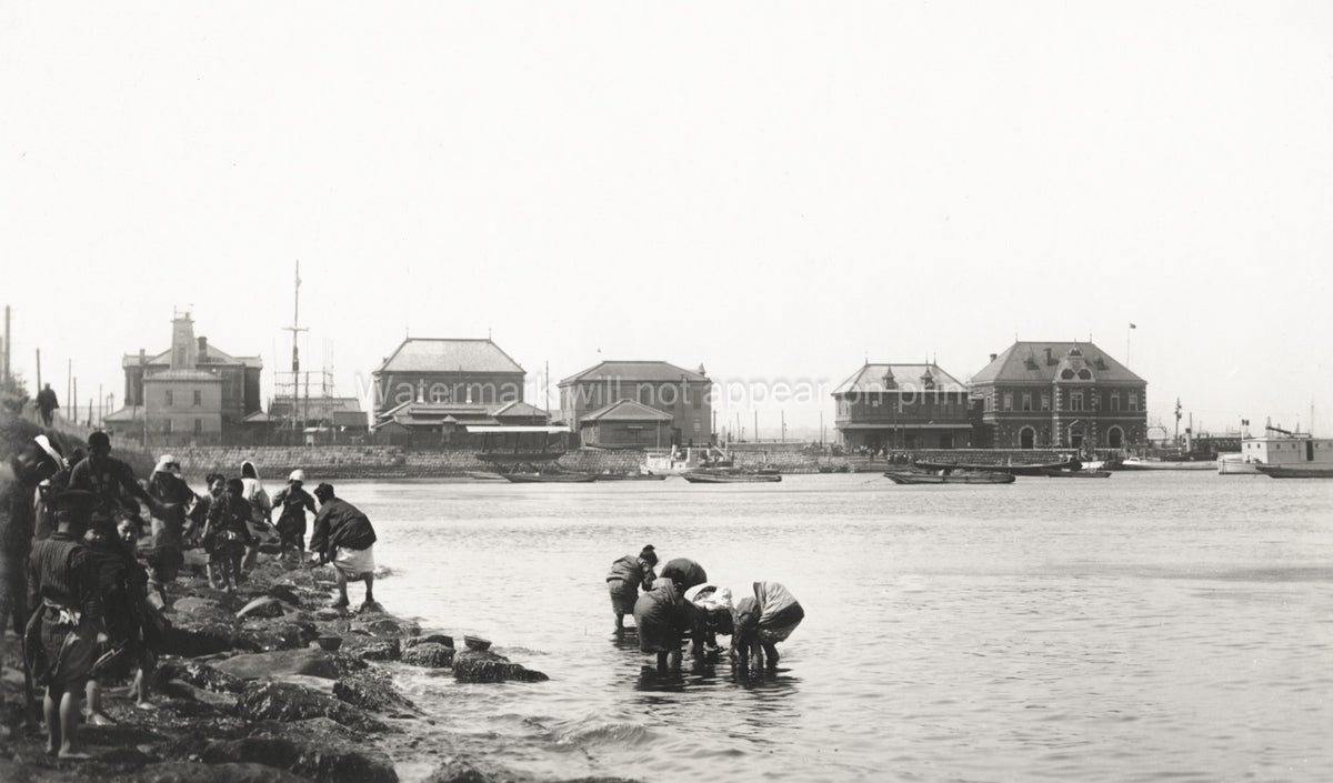 Yokohama Japan Harbour Waterfront Buildings People Foraging Vtg. Photo 19thC.