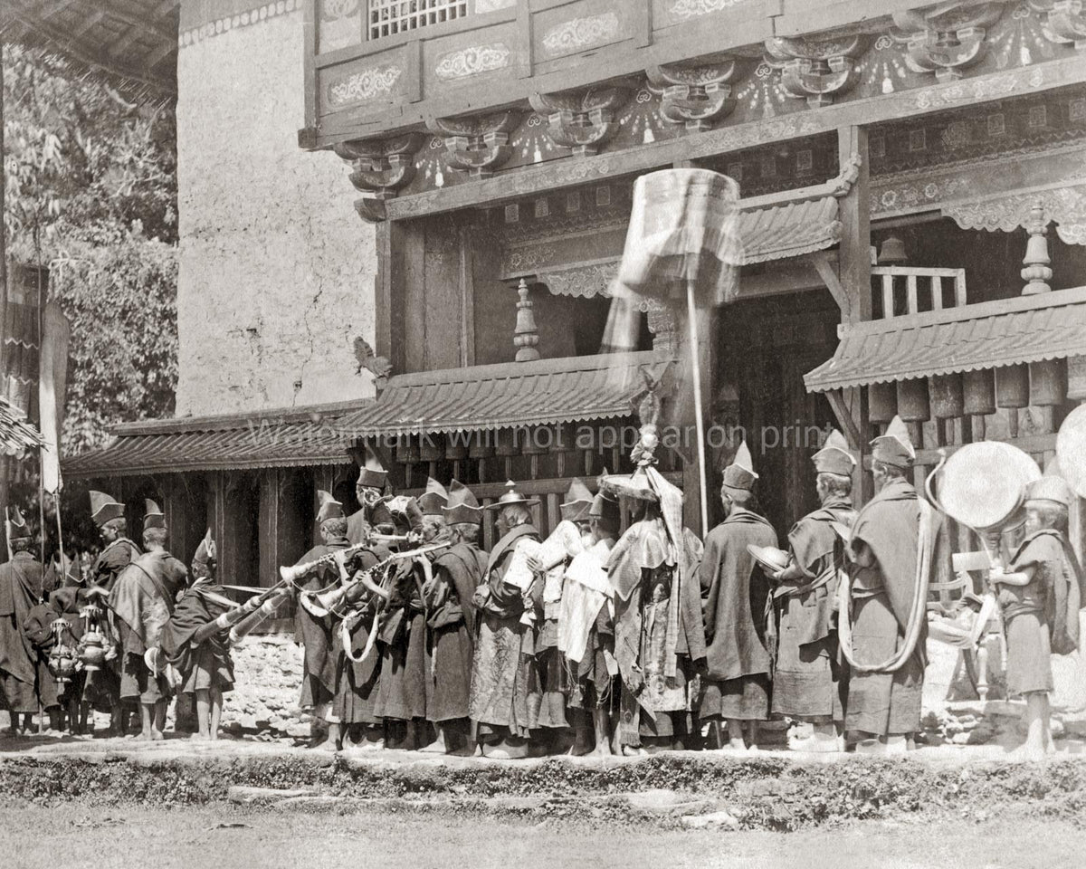 Tibetan Monastery Priests Procession Monks Horns Ceremony Vtg. Photo 19thC.