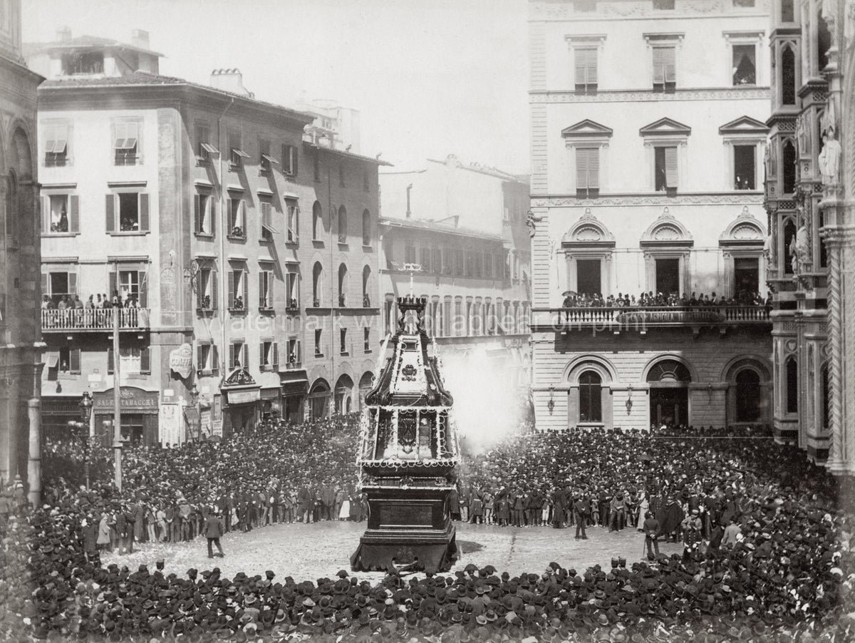 Florence Piazza del Duomo Scoppio Carro Easter Crowd Vtg. Photo 19thC.