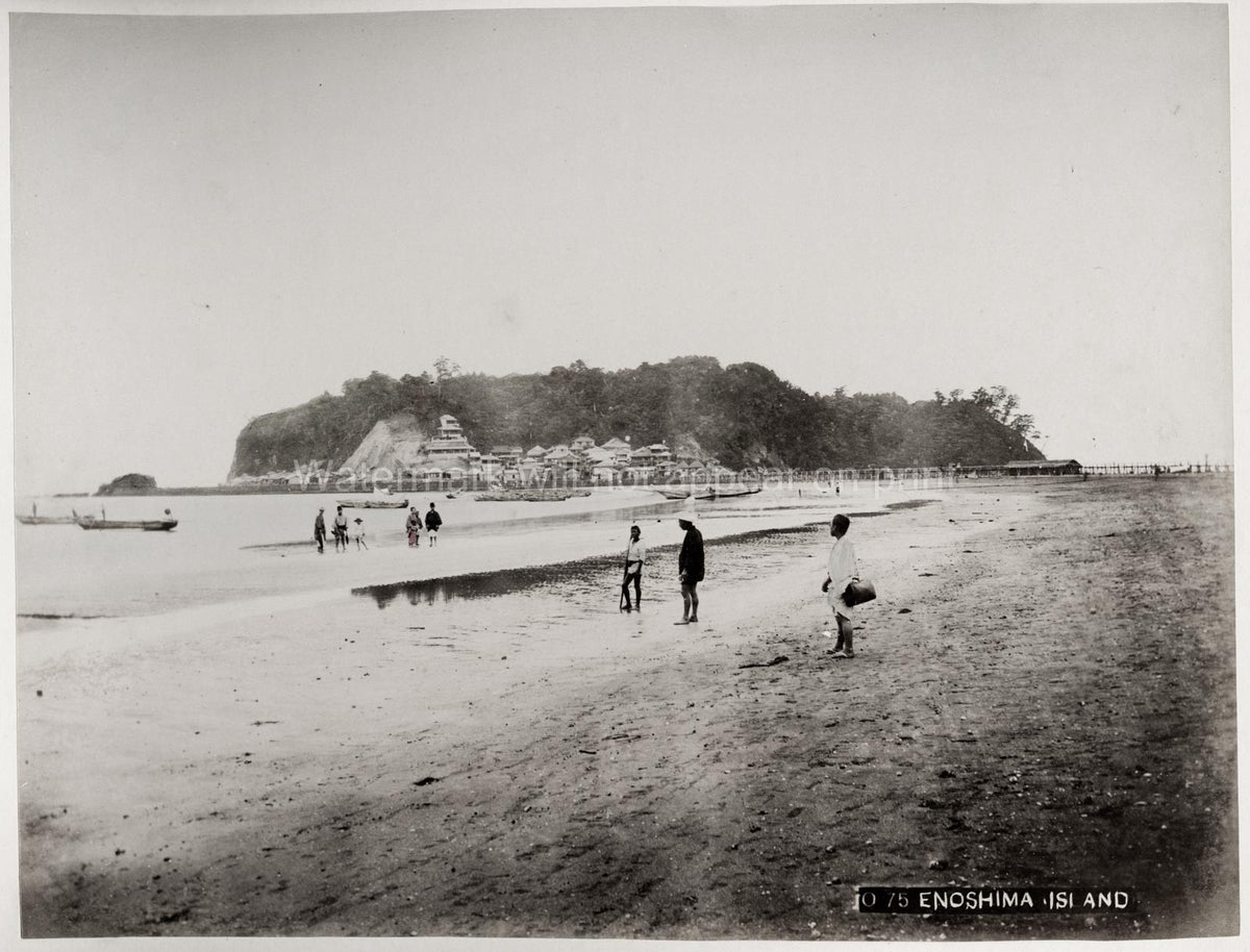 Enoshima Island Japan Beach Low Tide People Boats Coastal Vtg. Photo 19thC.