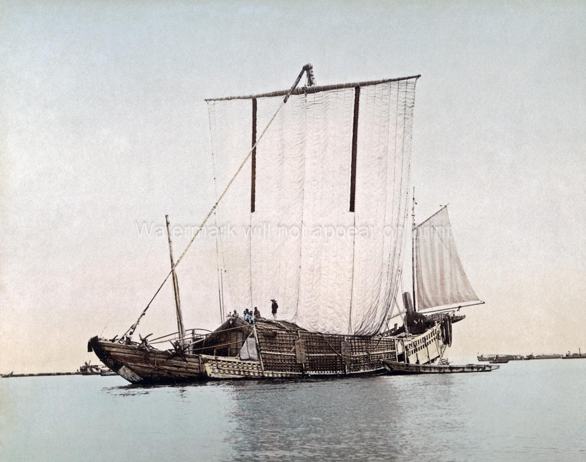 Japanese Junk Sailing Ship Traditional Cargo Boat on Water Vtg. Photo 19thC.