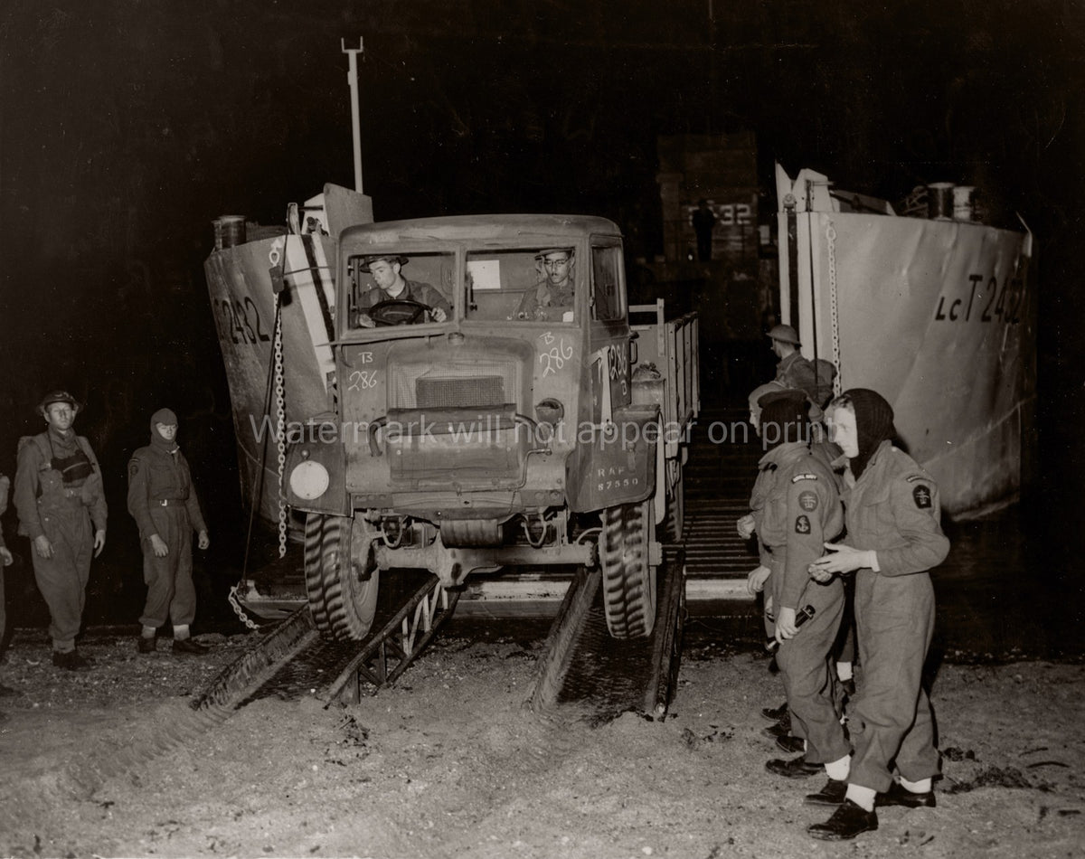 World War II RAF Truck Unloading Landing Craft Night Vtg. Photo WW2