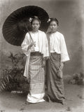 2 Burmese Girls Traditional Dress Parasol Burma Vtg. Photo 19thC.