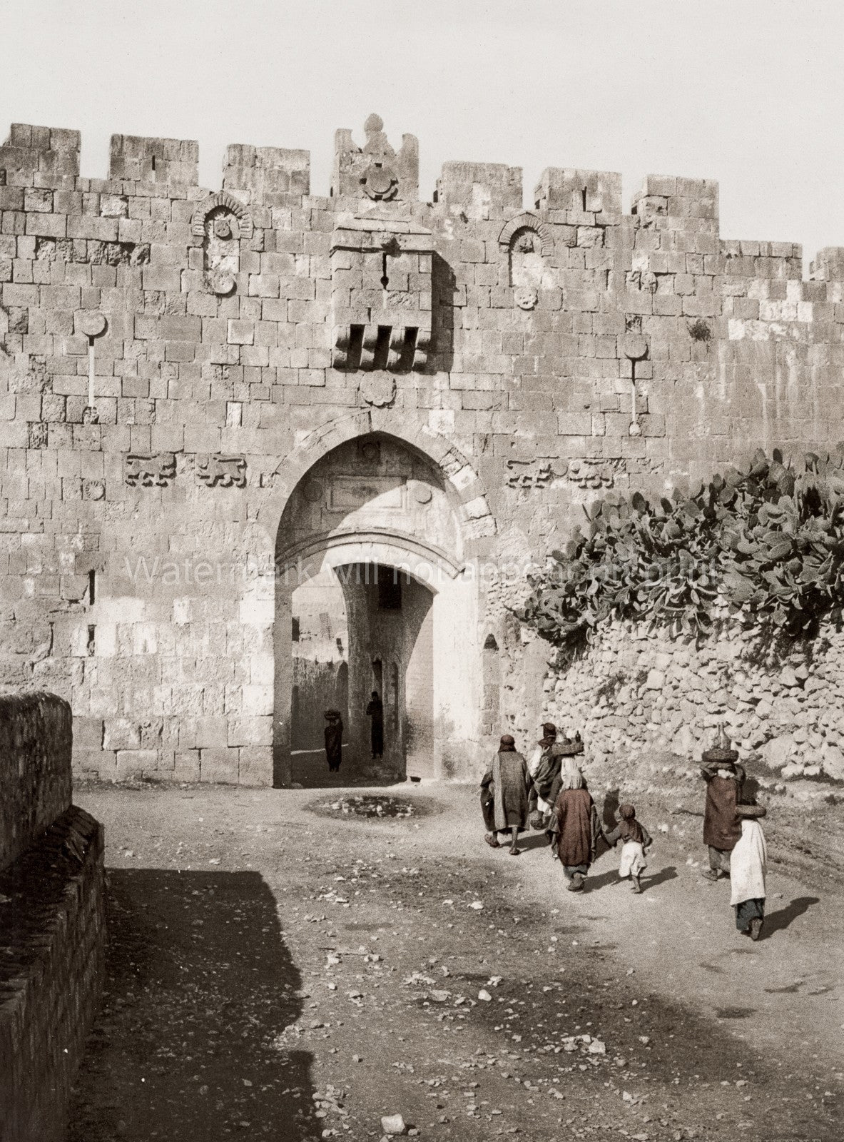 Jerusalem St. Stephen's Lion Gate Stone Wall Archway People Vtg. Photo 19thC.