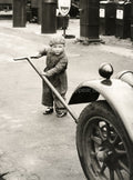 Small Child Overalls Jacking Car Mechanic Garage Vtg. Photo 20thC.