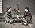 Japanese Girls Playing Go Board Game Kimono Geisha Flowers Vtg. Photo 19thC.
