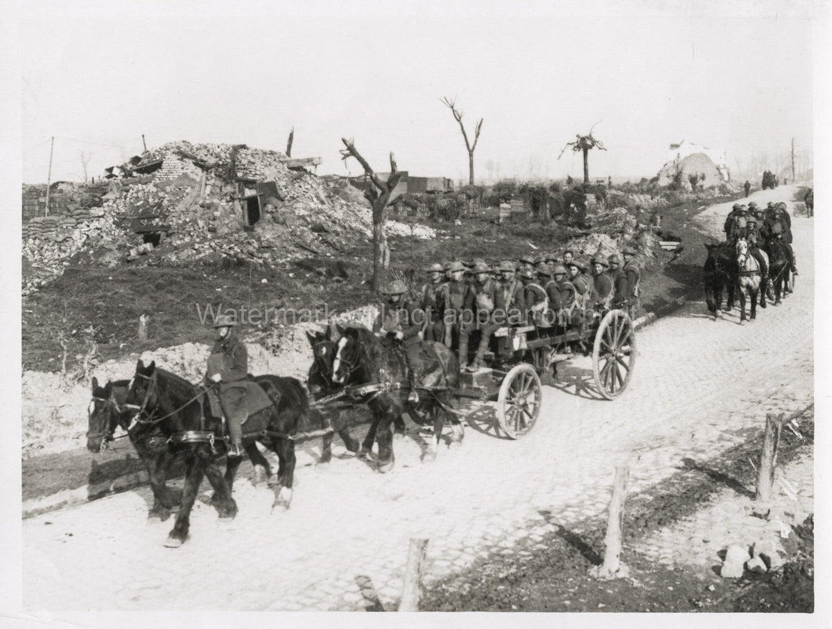 WW1 British Infantrymen Soldiers Horse-Drawn Wagon Ruins Vtg. Photo