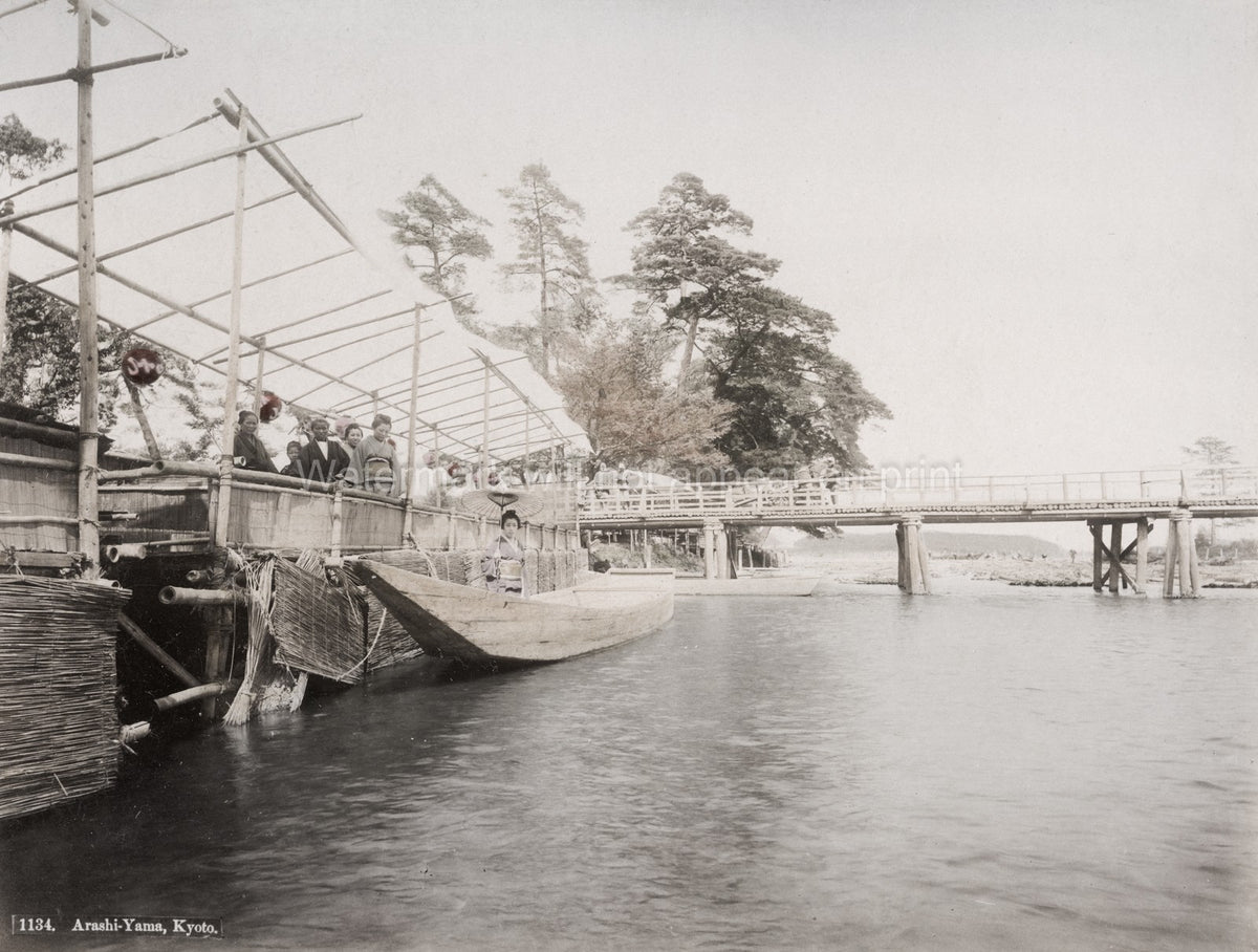 Arashiyama Kyoto Japan Wooden Bridge River Boats People Kimono Vtg. Photo 19thC.