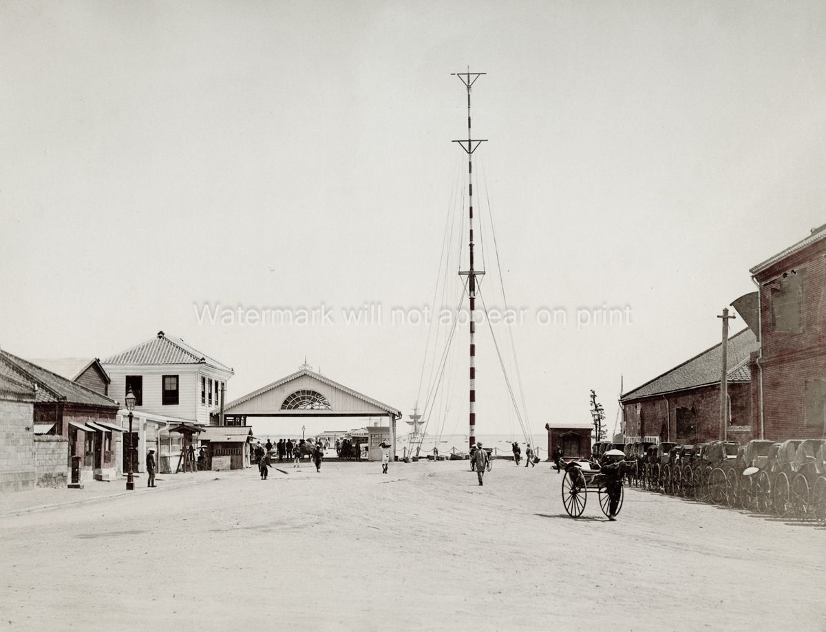 Yokohama Harbor English Hatoba Pier Rickshaws Street Scene Vtg. Photo 19thC.