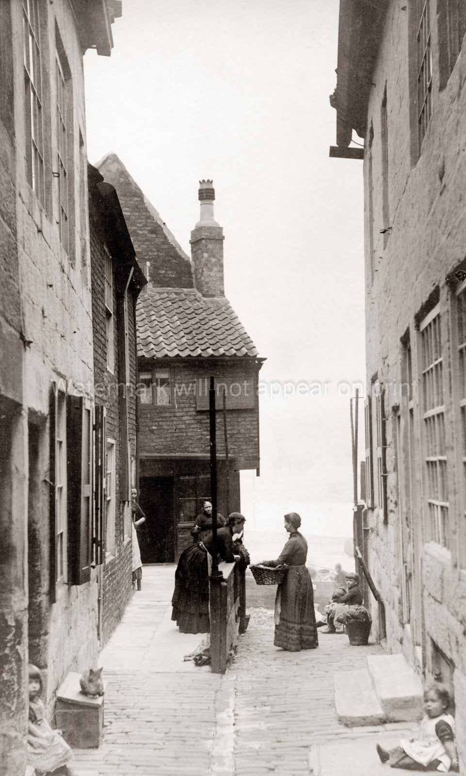 North East England Whitby Street Scene Victorian Women Daily Vtg. Photo 19thC.