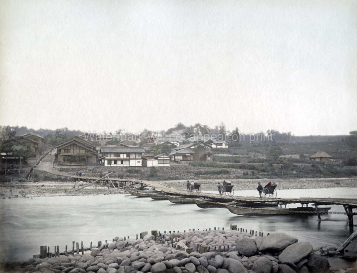 Japan Bridge Of Boats 3 Rickshaws River Village Pontoon Vtg. Photo 19thC.