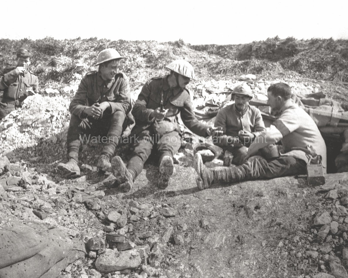 WWI Allied French English Soldiers Dinner Party Trench Vtg. Photo WW1
