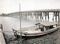 Japan Wooden Boat Long Bridge River Waterfront Vtg. Photo 19thC.