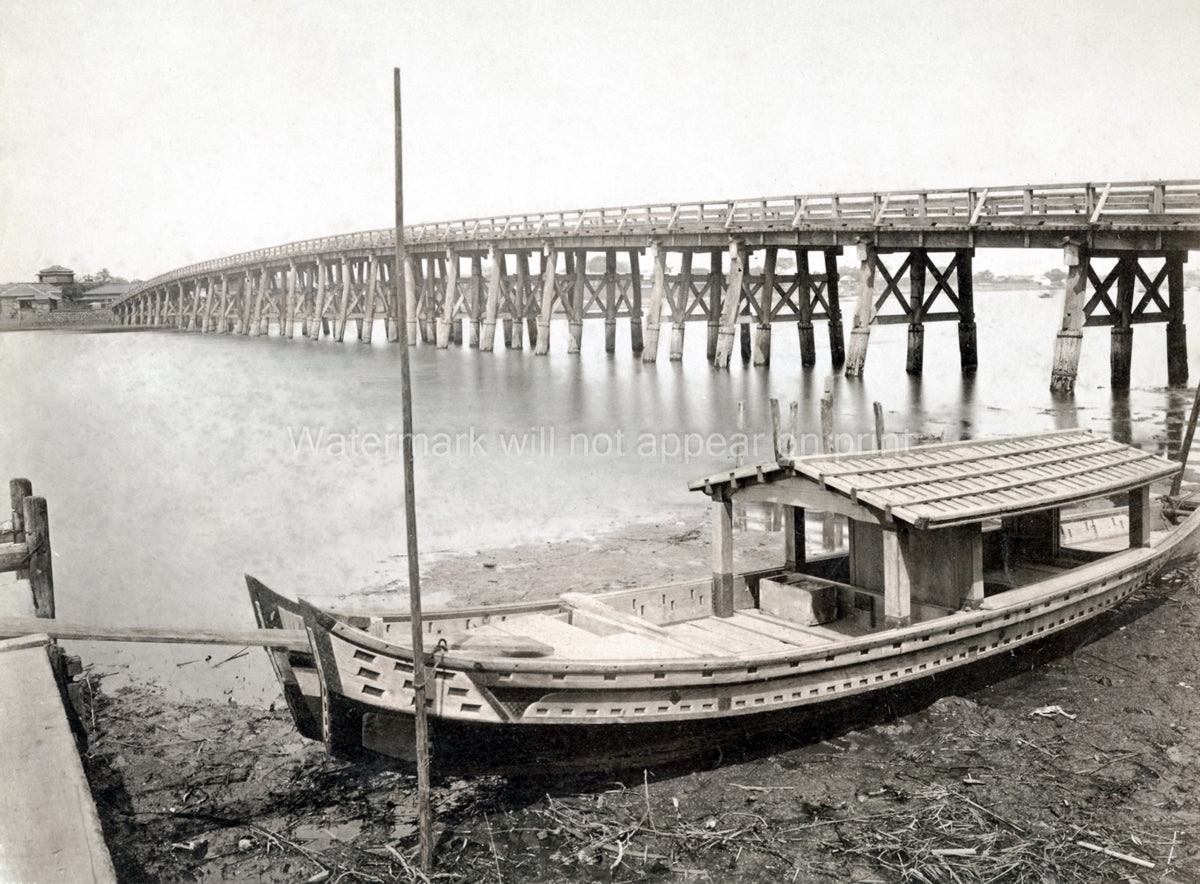 Japan Wooden Boat Long Bridge River Waterfront Vtg. Photo 19thC.