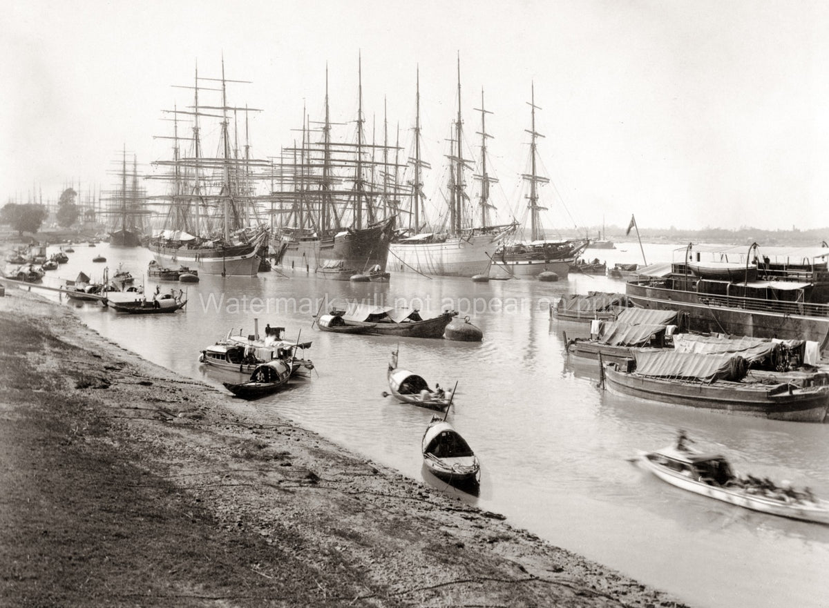 Calcutta India Harbour Tall Ships Masts Boats Port River Scene Vtg. Photo 19thC.