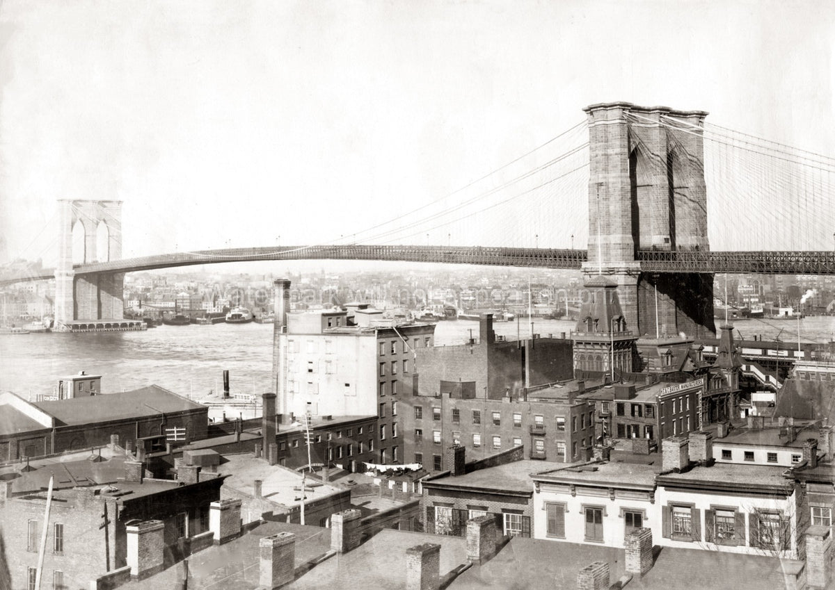 New York Brooklyn Bridge Cityscape Rooftops East River Vtg. Photo 19thC.