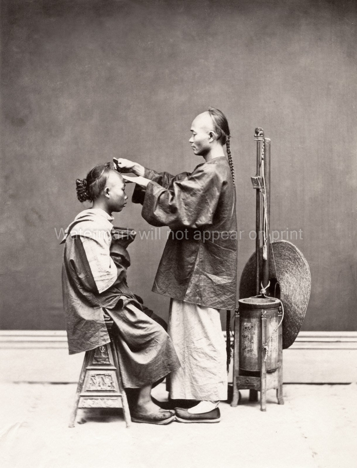 Chinese Barber Cutting Hair Man's Queue Hairstyle China Vtg. Photo 19thC.