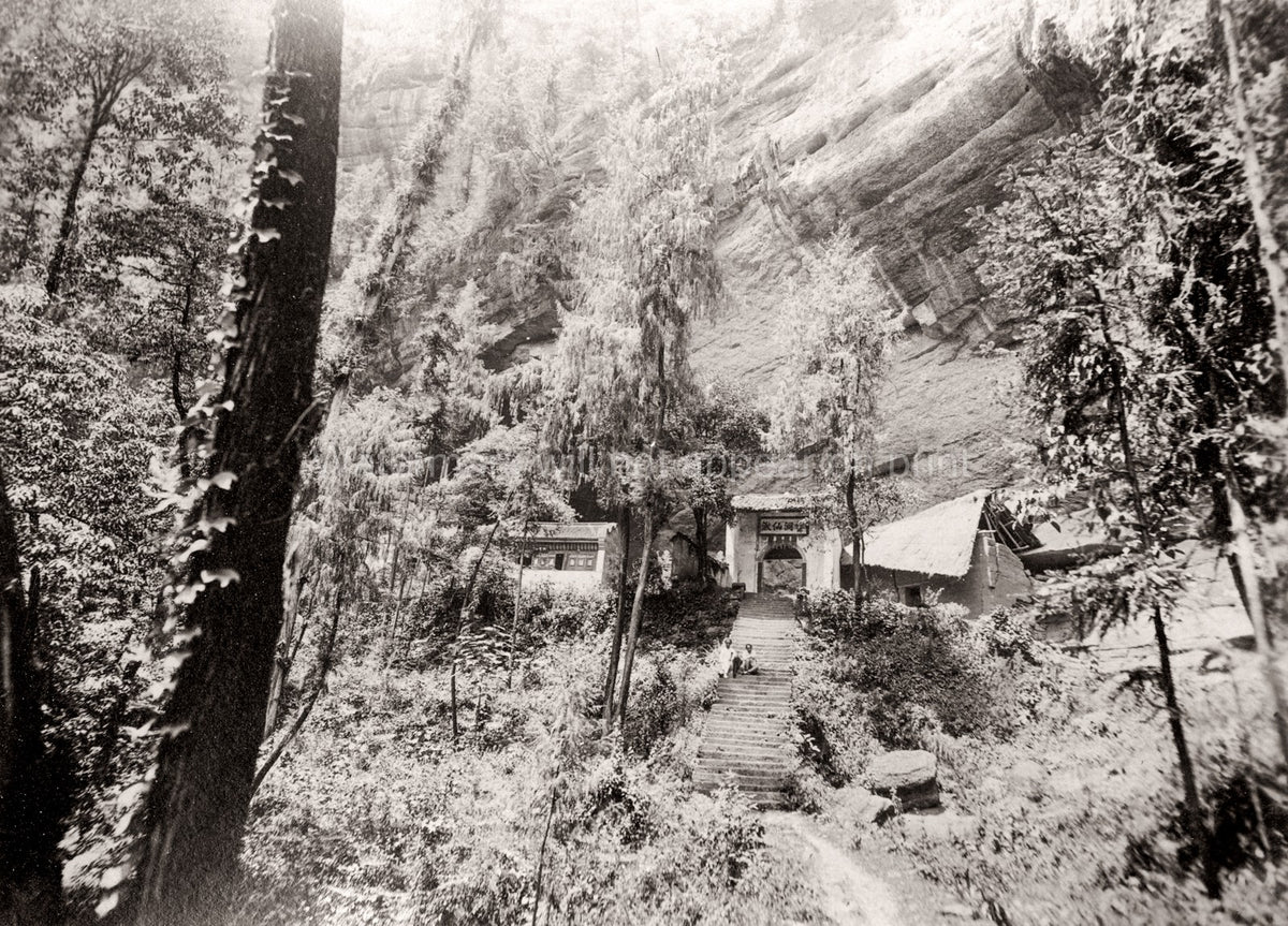 China Mountain Monastery Yangtze River Temple Stairs Cliff Vtg. Photo 19thC.