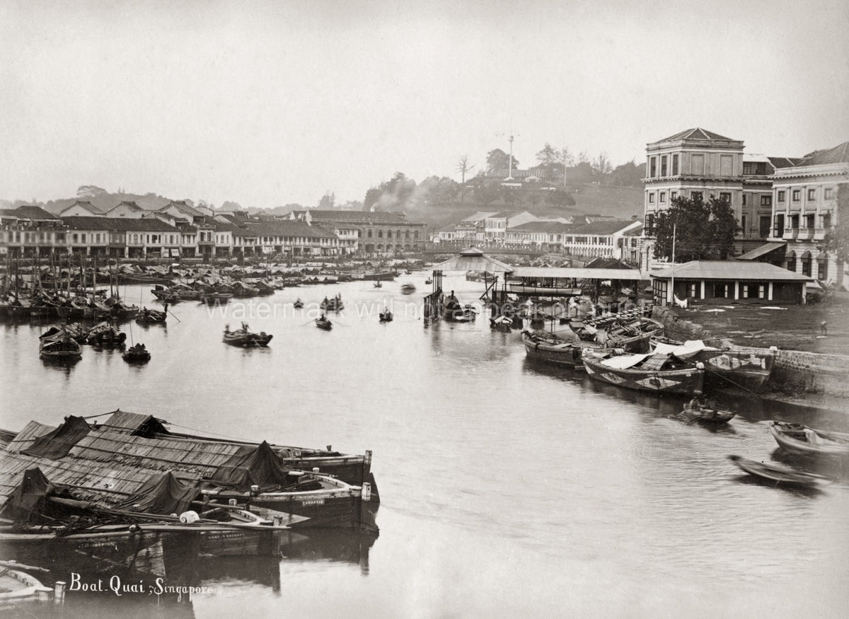 Singapore Harbour Boats River Shophouses Sampans Boat Quay Vtg. Photo 19thC.