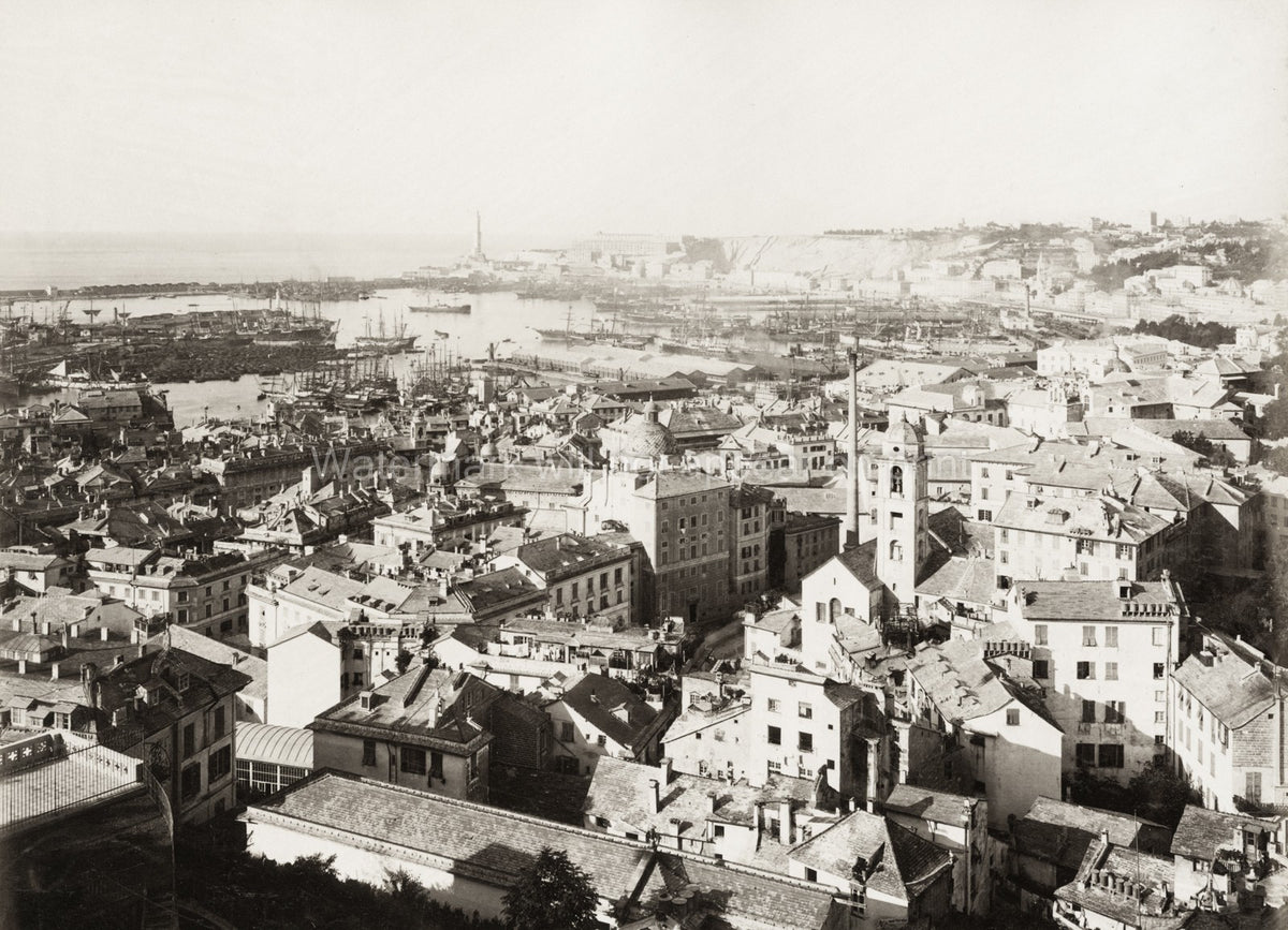 Genoa Italy Port Cityscape Harbor Docks Ships Lighthouse Vtg. Photo 19thC.